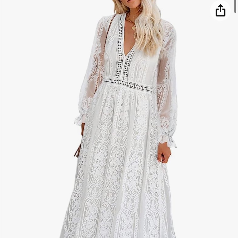 White lace maxi dress casual boho floral lace vneck long evening dress!